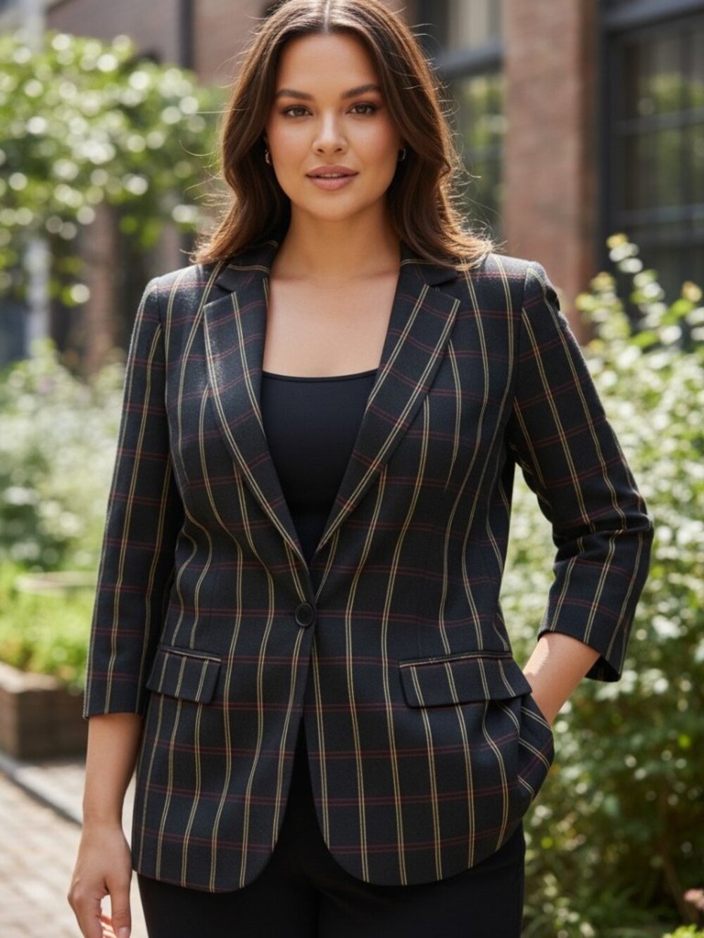 STUDIO Michelle Stuart Vintage Black Plaid Rayon Blazer Jacket Women 10